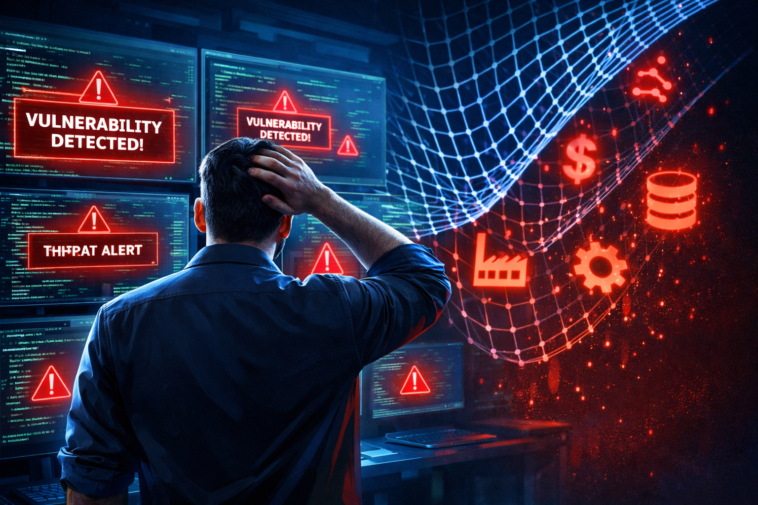 16:9. Digital art illustration of a security professional standing in front of a wall of code screens, looking frustrated at generic vulnerability alerts while unique, company-specific security issues float past undetected, shown as glowing red symbols slipping through a digital net. Cool blue and red color scheme, cybersecurity concept art style, modern and clean.