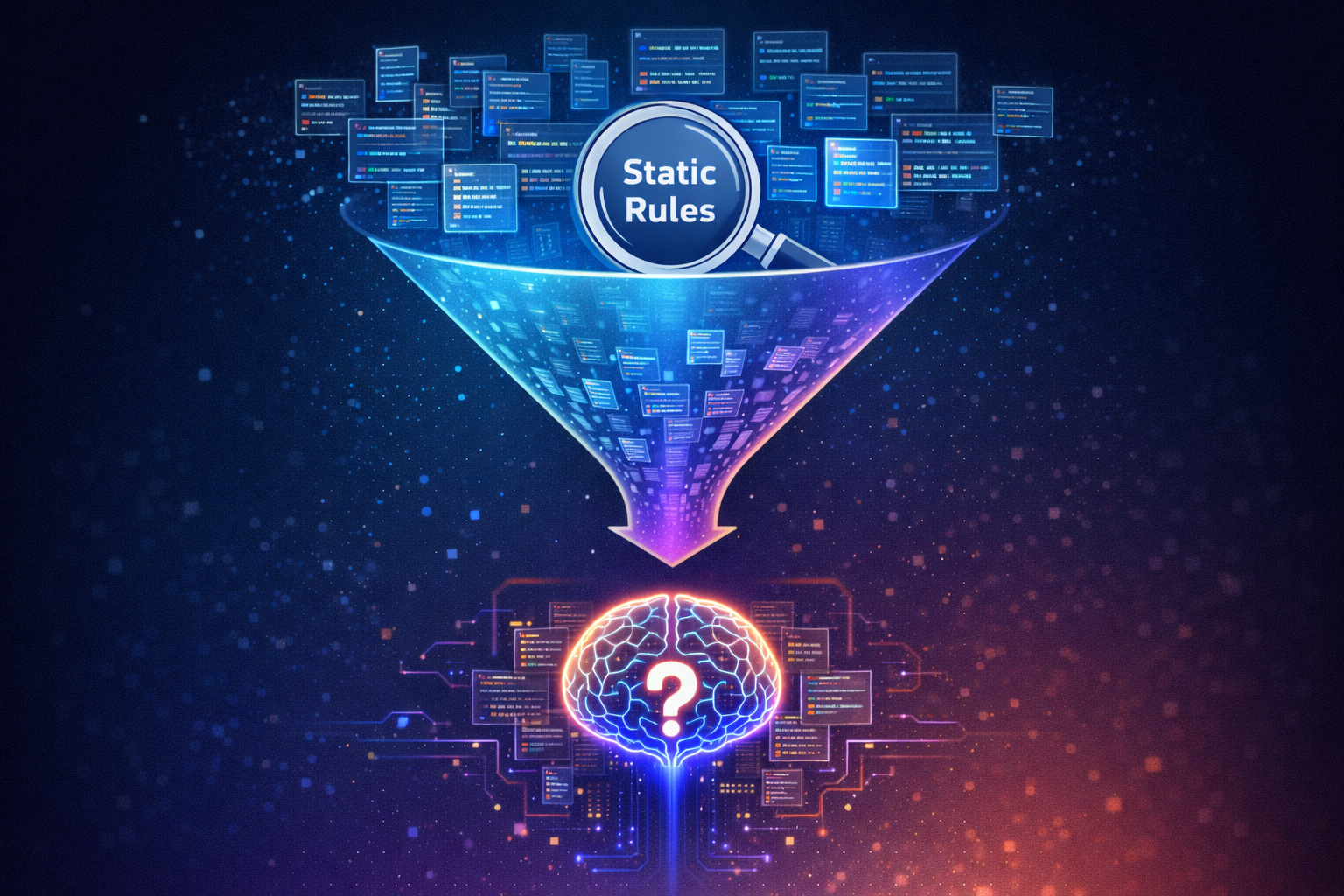 16:9. Digital art illustration of a two-stage process shown as a funnel diagram. The top wide section shows scattered code files with a magnifying glass labeled 'Static Rules' filtering them down. The narrow bottom section shows a glowing AI brain analyzing a small focused set of code. Gradient from cool blue at top to vibrant purple at bottom. Clean, modern infographic style, technical illustration.
